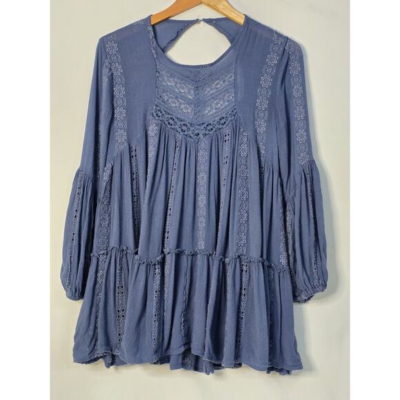 Free People Kiss Kiss Embroidered Lace Tunic Dress Blue Boho Style Size XS - Picture 6 of 10
